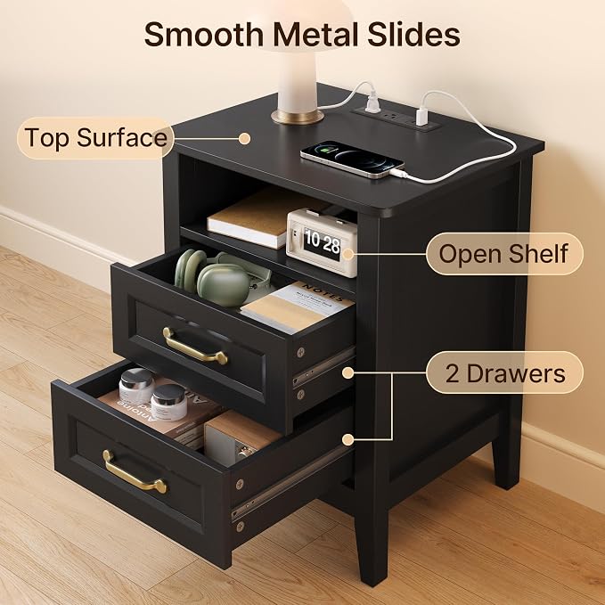 Gizoon Nightstand Set of 2 with Charging Station, Bedside Table Set for Bedroom, Modern Wood Nightstand with 2 Drawers & Open Shelf, Black - Image 5