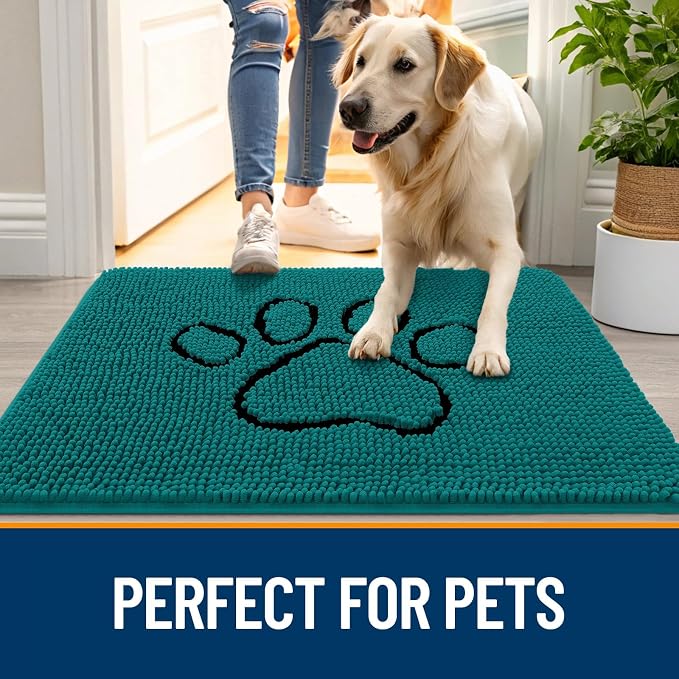 OLANLY Dog Door Mat for Muddy Paws 36x24, Paw Print Design, Absorbs Moisture and Dirt, Absorbent Non-Slip Washable Doormat, Quick Dry Chenille Mud Mat for Dogs, Entry Indoor Entryway Carpet, Lake Blue - Image 6