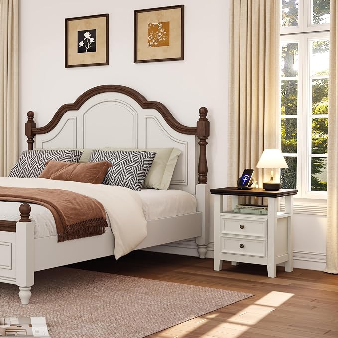 BOSHIRO Antique White Nightstand with Charge Station,Sofa End Table with 2 Drawers & Storage Shelf, Wooden Bed Side Table with USB Ports & Outlets for Bedroom,Home Office - Image 5