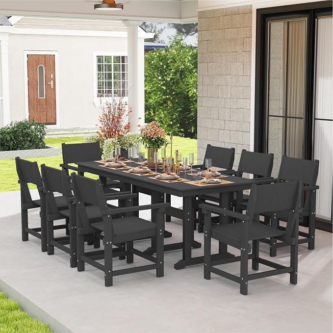 9-Piece Outdoor Dining Set, HDPE Weatherproof Patio Table and Chairs Set for 8, Outdoor Patio Furniture Sets with Umbrella Hole for Outside, Deck, Backyard, Garden (Black) - Image 7