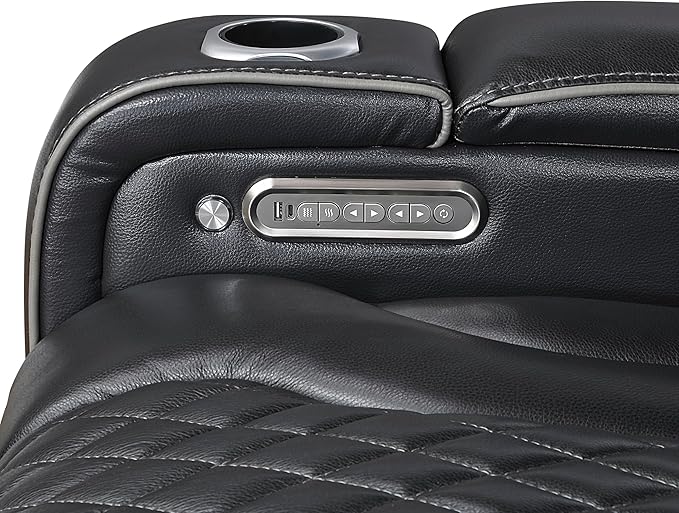 Lexicon Power Double Reclining Sofa, Center Drop-Down Table with Heat/Massage/Headrest/Storage Arms/Cup Holders/LED Lights/Wireless Charging, Top Grain Leather Match Wall Hugger Recliner Sofa, Black