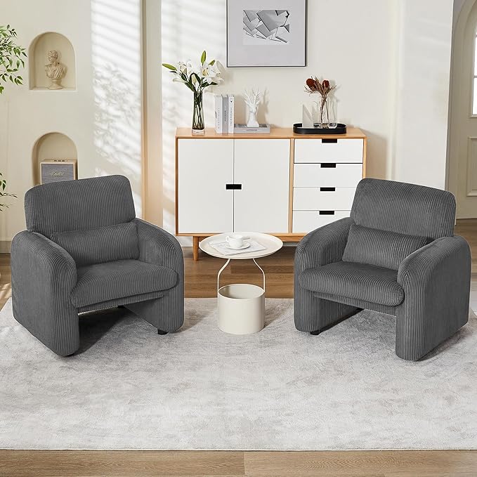 Modern Accent Chairs Set of 2, Comfy Upholstered Corduroy Armchair, Stylish Lounge Reading Chair for Living Room, Bedroom, Grey