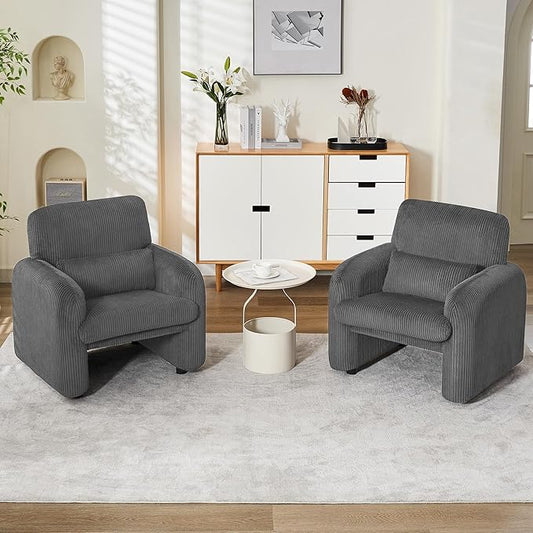 Modern Accent Chairs Set of 2, Comfy Upholstered Corduroy Armchair, Stylish Lounge Reading Chair for Living Room, Bedroom, Grey