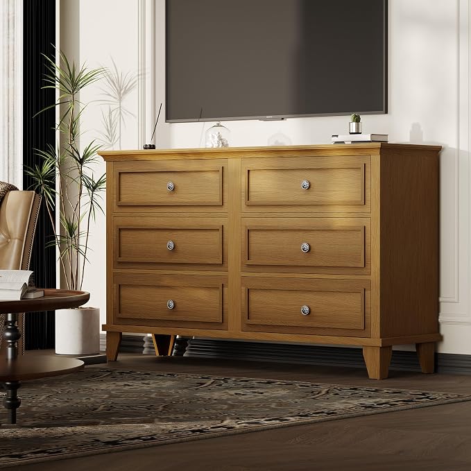 GAOMON Dresser for Bedroom, 6 Drawer Wide Dresser Storage Organizer, Modern Wooden Chest of Drawers with Metal Handles for Hallway, Entryway, Home Office, Brown - Image 3