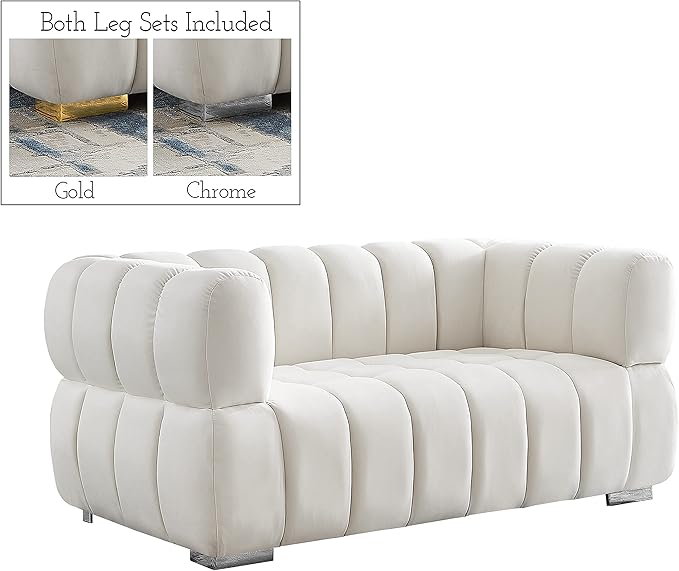 Meridian Furniture 670Cream-L Gwen Collection Modern | Contemporary Velvet Upholstered Loveseat with Deep Biscuit Tufting