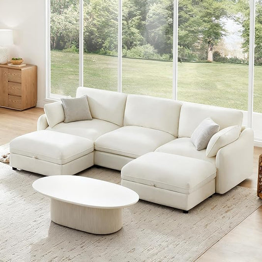 113" Cloud Sectional Couches for Living Room,U Shaped Oversized Modular Modern Linen Sofa with 2 Movable Ottoman,5 Deep Seat with 2 Throw Pillows,Warm White