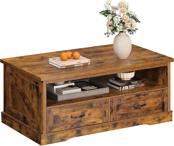WLIVE Coffee Table for Living Room, 43" Framhouse Coffee Table with 2 Storage Drawers, Modern Center Table with Open Display Area, Elegant Curved Base, Rustic Brown