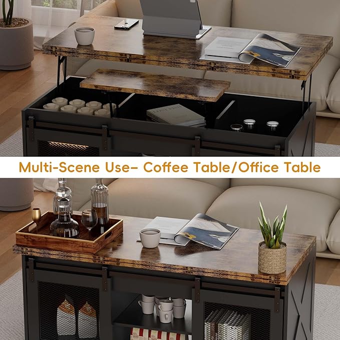 Upgraded Coffee Table with Lifting Top And Sliding Doors, Thick Panels, Industrial Metal Mesh Sides, Dual LED Accent Lights, Large Storage Center farmhouse square Table for Living Room, Chestnut Black