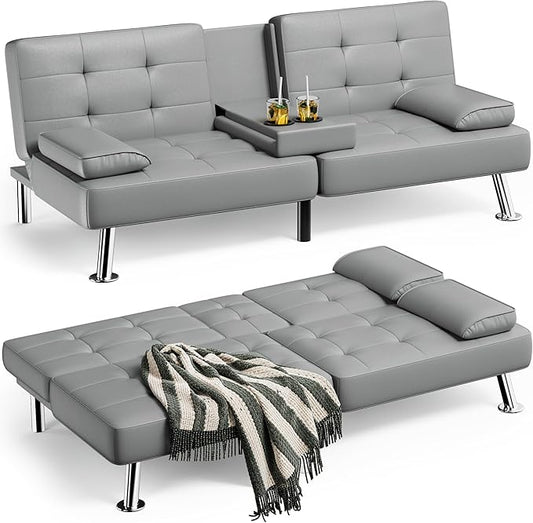 Homall Futon Sofa Bed, Leather Futon Couch with Removable Armrests, Adjustable Recliner Sleeper Sofa Bed with Dual Cup Holders for Living Room, Apartment, Office (Gray)