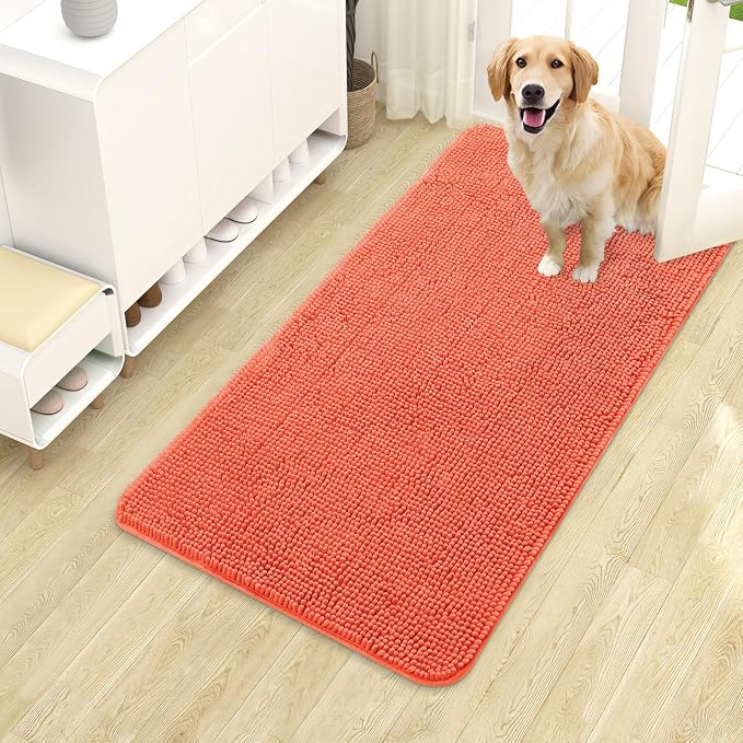 OLANLY Dog Door Mat for Muddy Paws 40x24, Absorbs Moisture and Dirt, Absorbent Non-Slip Washable Doormat, Quick Dry Chenille Mud Mat for Dogs, Entry Indoor Entryway Carpet for Inside Floor, Coral by OLANLY