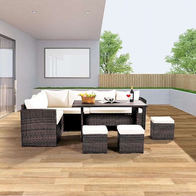 Patio Furniture Set, 7 Pieces Outdoor Patio Furniture with Dining Table&Chair, All Weather Wicker Conversation Set with Ottoman,Brown Rattan & Ivory Cushions (Include Sofa Dust Cover)