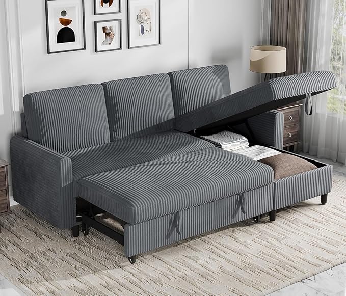 Shintenchi Futon Sofa Bed Convertible Couches L Shaped, 4‑in‑1 Sectional Sleeper Sofa Pull Out Couches for Living Room, Multifunctional Couch with Storage Chaise Corduroy Fabric, Dark Gray