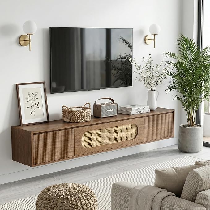 LITTLE TREE 71'' Floating TV Stand Wall Mounted, Large Floating TV Stand, Fluted Floating Shelf for Under TV, Modern Media Console with Drawers & Flip-Down Cabinet Doors for Living Room, Bedroom - Image 6
