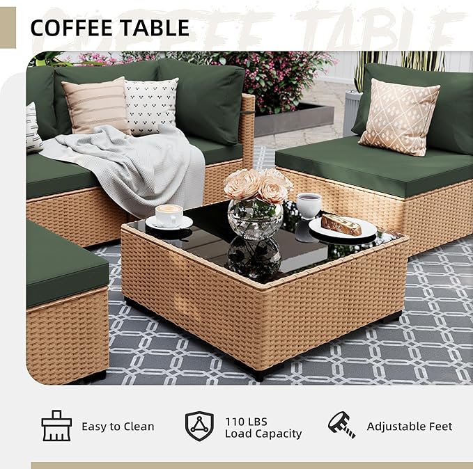 UPHA 5 Pieces Patio Furniture Sets, Wicker Outdoor Sectional Sofa Couch with Coffee Table, Patio Conversation Set for Deck Backyard Garden, Beige Rattan, Pine Green Cushion
