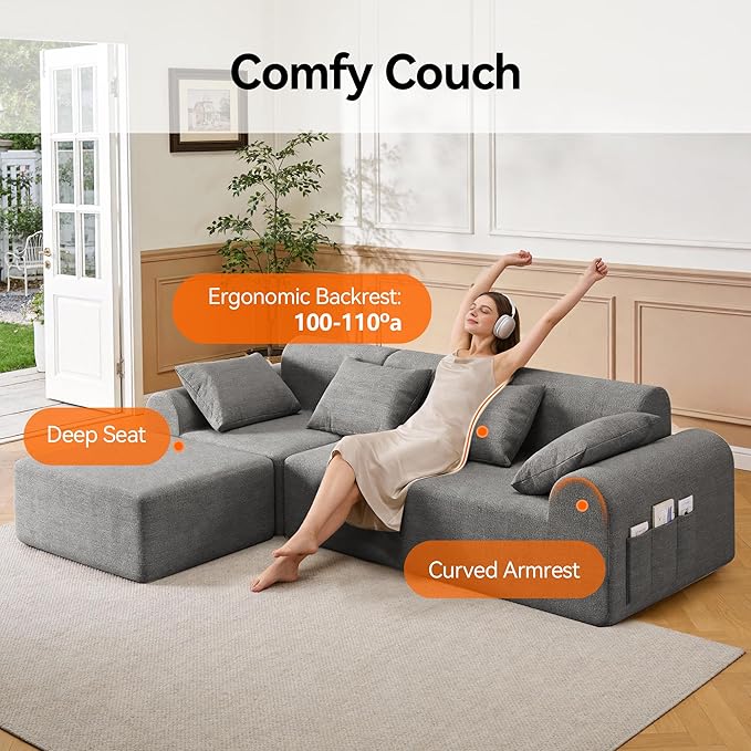 105.5" Cloud Boneless Sectional Sofa with Ottoman & 4 Pillows, L-Shaped 4-Seater Modular Couch for Living Room, Ultra Deep Seat Chenille Fabric Sofa, No Assembly Required, Light Grey