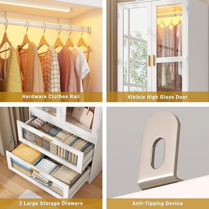 2 Doors Armoire Wardrobe Closet with LED and Mirror,71" H Freestanding Wooden Wardrobe Closet Cabinet for Bedroom w 2 Drawers,Wooden Clothing Storage Cabinet w Hanging Rod,Closets for Bedroom(White)