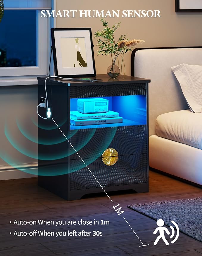 Modern Nightstand Set 2 with Gun Drawer, Bedside Table with 3-Color LED Lights & Human Sensor, Smart Night Stands with Charger Station, 2 Drawers End Table for Bedroom, Black - Image 6