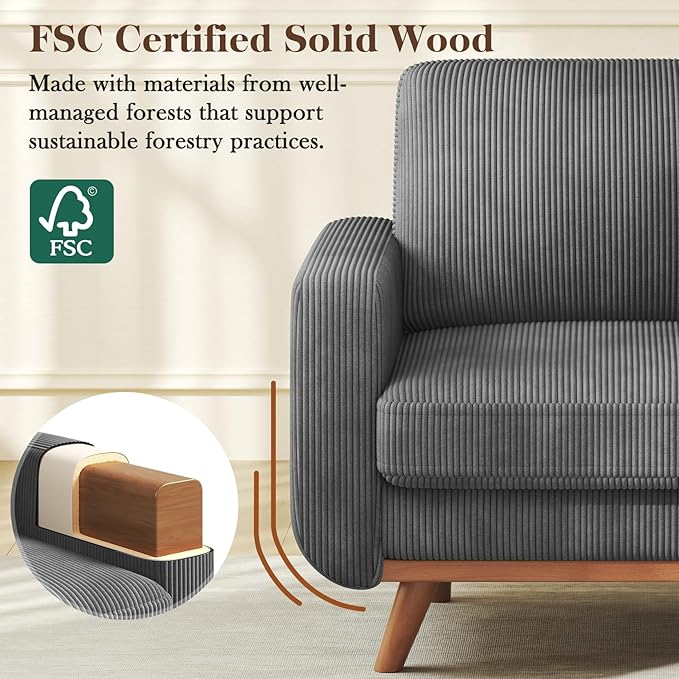 38.5" Dark Grey Corduroy Accent Chair, Comfy Deep Seat Armchair with Spring Cushion, Modern Reading Sofa for Living Room Bedroom