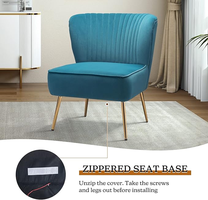 HULALA HOME Velvet Accent Chair, Modern Upholstered Cute Side Chair with Gold Metal Legs, Armless Wingback Slipper Chair Comfy Living Room Chair for Bedroom Guest Room Vanity, Blue