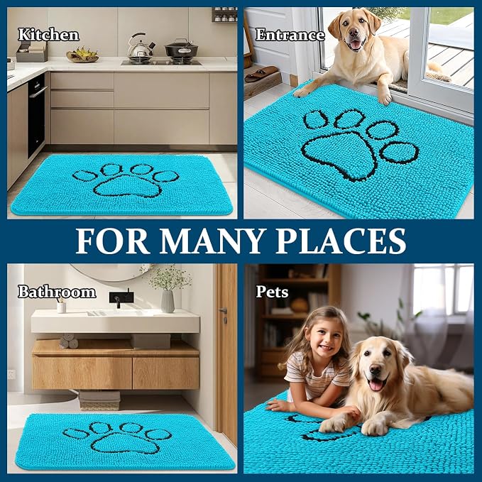 OLANLY Dog Door Mat for Muddy Paws 36x24, Paw Print Design, Absorbs Moisture and Dirt, Absorbent Non-Slip Washable Doormat, Quick Dry Chenille Mud Mat for Dogs, Entry Indoor Entryway Carpet, Aqua Blue - Image 8