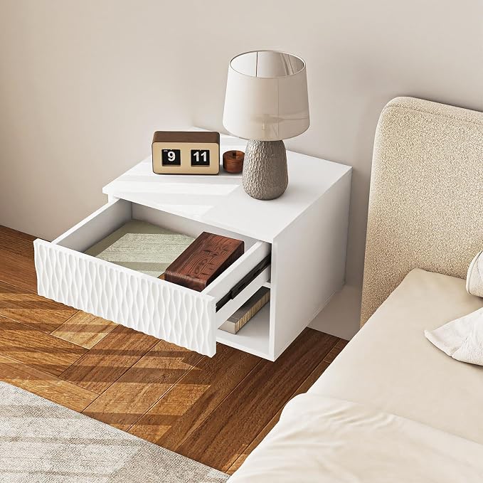 Vibe & Dine Floating Nightstand Set of 2, Wall Mounted Night Stand with Wavy Pattern Design, Modern Bedside Tables with Drawers for Bedroom, Easy Assembly, White - Image 4