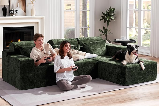 Homguava Modular Sectional Couches for Living Room,105" Cloud Couch with L-Shape Chaise,Comfy Sofa Living Room Couch with Deep Seat,No Assembly L Couch,Luxury Distressed Velvet(Green,R)