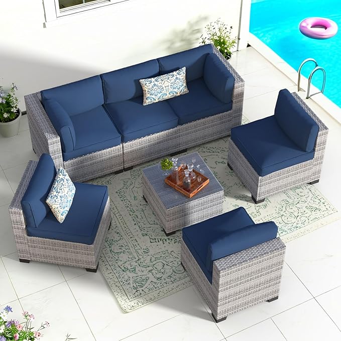 7 Piece Patio Furniture Set, Rattan Outdoor Patio Conversation Sets, Outdoor Sectional Furniture with Thickened Cushion and Coffee Table, for Deck, Backyard, Garden, Off-White & Dark Blue