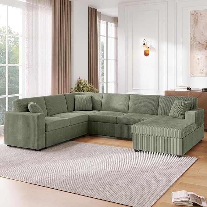 Eafurn Oversized U Shaped Modular Sectional Sofa, 115" Oversized Corduroy Upholstered Couch with Spacious Chaise Lounge & 3 Throw Pillows for Living Room, Apartment, Office