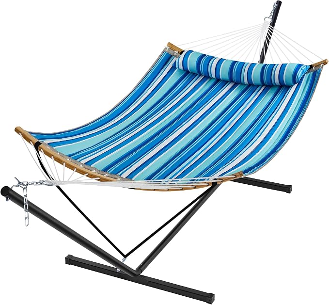 SUPERJARE Hammock with Stand, 2 Person Heavy Duty Hammock with Padded Cotton, Detachable Pillow & Strong Curved-Bar & Portable Carrying Bag, Perfect for Outdoor & Indoor, Blue Stripe by SUPERJARE