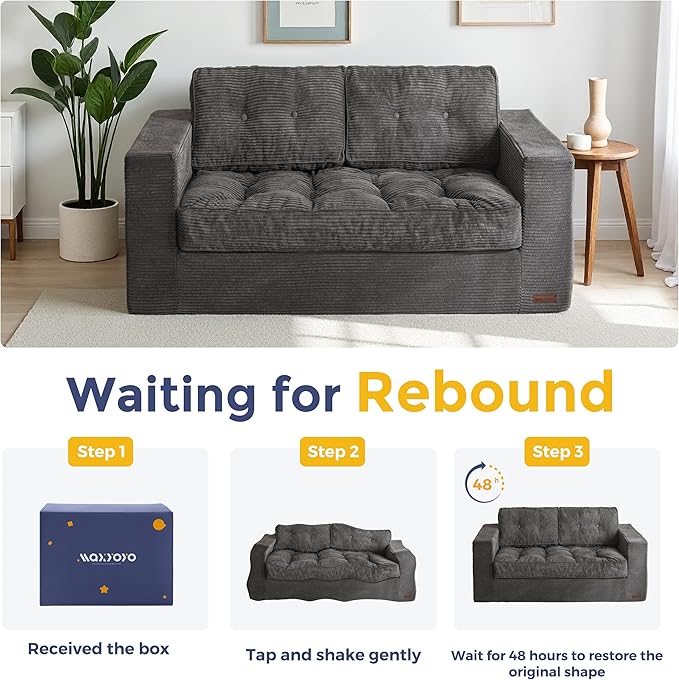 MAXYOYO Loveseat Sofa Couch, Upholstered Bean Bag Chair Cloud 2-Seat for Adults, Boneless Couch with Tufted Cushion & Pillows, Sofa in A Box, No Assembly Required, Dark Grey