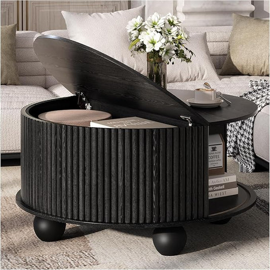 SULIVES Round Coffee Table with Storage, Unique Circle Drum Table with Sliding Door,Fluted Accent Center Table with Bun Feet for Living Room, Black