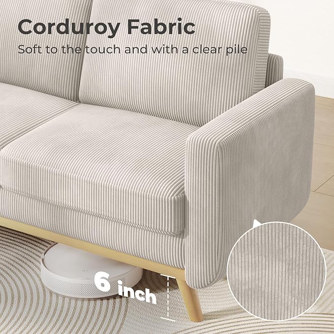 68" Light Gray Corduroy Loveseat Sofa, Comfy Deep Seat Couch with Spring Cushion & Solid Wood Frame, Modern 2-Seater Sofa for Living Room Bedroom Office