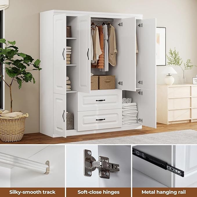 Armoire Wardrobe Closet with 2 Doors, White Cabinet with 2 Drawers and Clothes Storage Organizer, Modern Style with Hanging Rod Shleves Suitable for Bedroom(47.24" W x 20.47" D x 70.87" H)