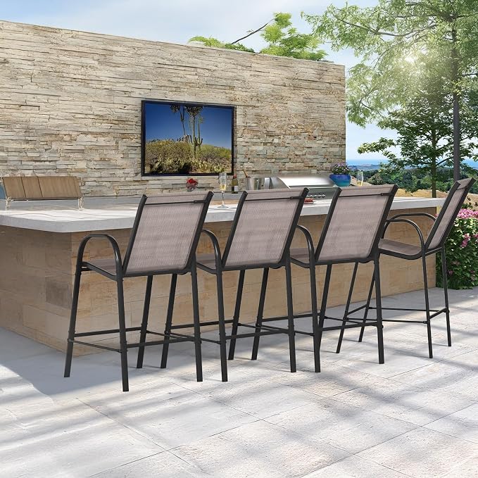 HOMREST Outdoor Bar Height Stools Set of 4,High Back Patio Chairs with Armrests,Textilene Chairs with Breathable Fabric & Metal Frame for All Weather,Taupe - Image 2