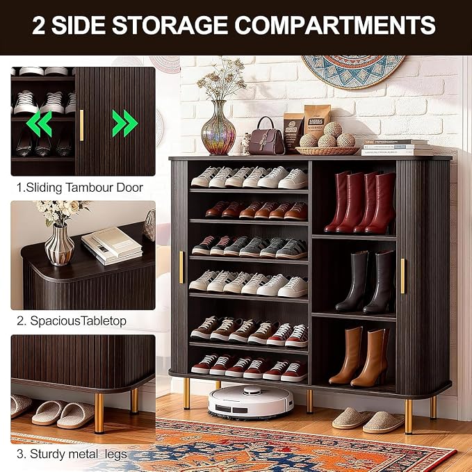 Shoe Cabinet Storage for Entryway: 6-Tier Shoe Cabinet with Adjustable Shelves & Sliding Doors, Mid-Century Modern Freestanding Shoe Storage Organizer for Entryway, Hallway, Living Room - Image 3