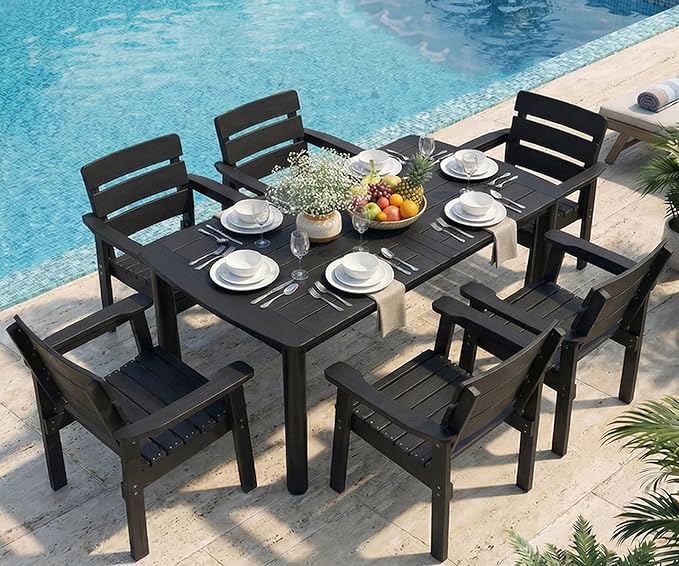 7-Piece Outdoor Dining Set, All-Weather HIPS Patio Table & Chairs for 6, Outdoor Furniture with Umbrella Hole, Ideal for Garden, Poolside, Backyard, Deck, Black by Kibaso