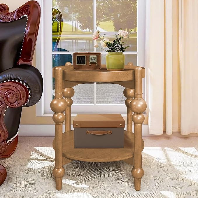23" Round End Table with Solid Wood Frame, Small Side Table with Wood Shelf for Living Room Small Space Office Apartment, Natural