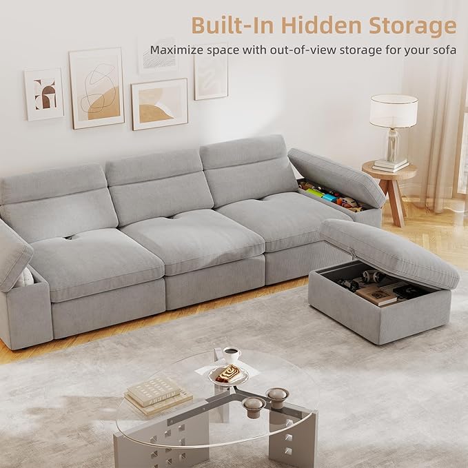 Rovibek Modular Sectional Sofa with Storage, Down Filled L Shaped Couch with Adjustable Backrest, Couches for Living Room, Home Theater and Apartment, Grey