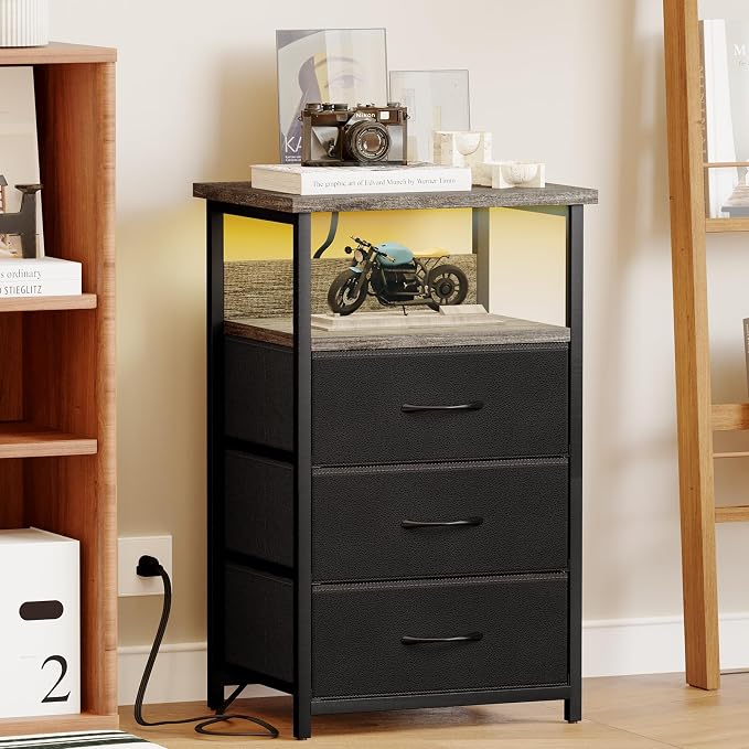 Fixwal Night Stand with Charging Station, LED Nightstand with U-S-B Ports and Outlets, 3 Fabric Storage Drawers with PU Finish, Bed Side Table, Charcoal Gray - Image 7