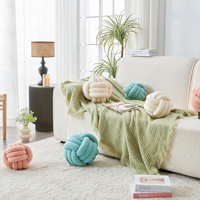 LUSJNGE Decorative Throw Knot Pillow Ball for Home Chair Sofa Couch Bed Aesthetic Round Decor Pillows Lambswool Knotted Pillow Cushion (Ivory White, 8inches)