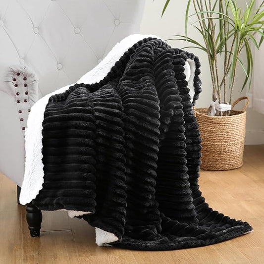 Black Sherpa Fleece Throw Blanket 60”×80” for Couch Sofa Bed,Double Side Soft Fuzzy Cozy Plush Thick Flannel Blanket with Striped Design,Gift for Adults,Woman,Girls