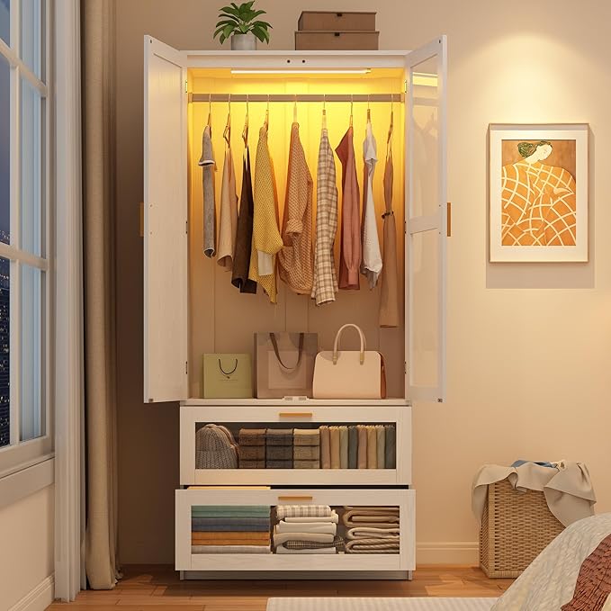2 Doors Armoire Wardrobe Closet with LED and Mirror,71" H Freestanding Wooden Wardrobe Closet Cabinet for Bedroom w 2 Drawers,Wooden Clothing Storage Cabinet w Hanging Rod,Closets for Bedroom(White)