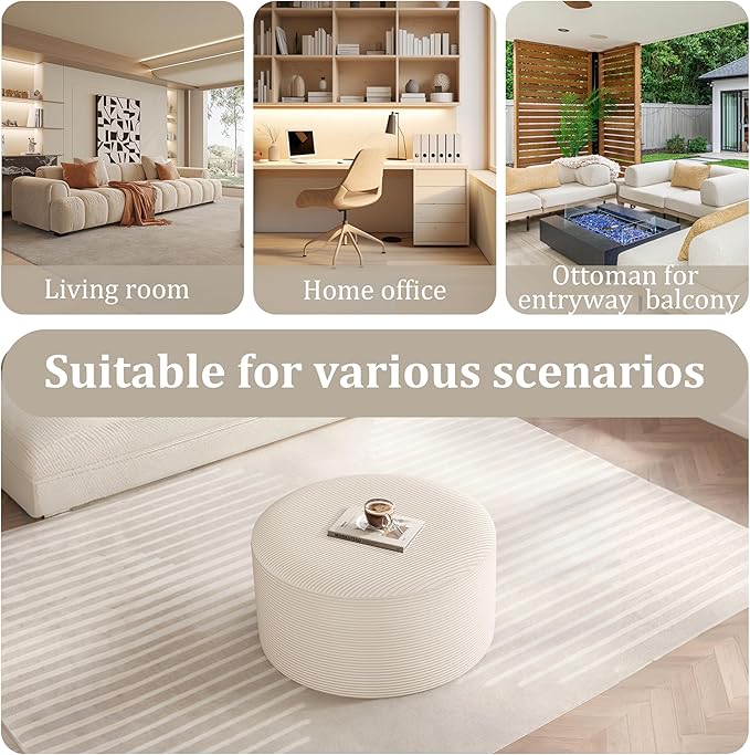 Coffee Table 32”Ottoman for Couch Plush Corduroy Memory Foam Footstool Cloud Boneless Sectional for Living Room Round Side Table Cushiong No Assembly Makeup Desk (Beige, 32")