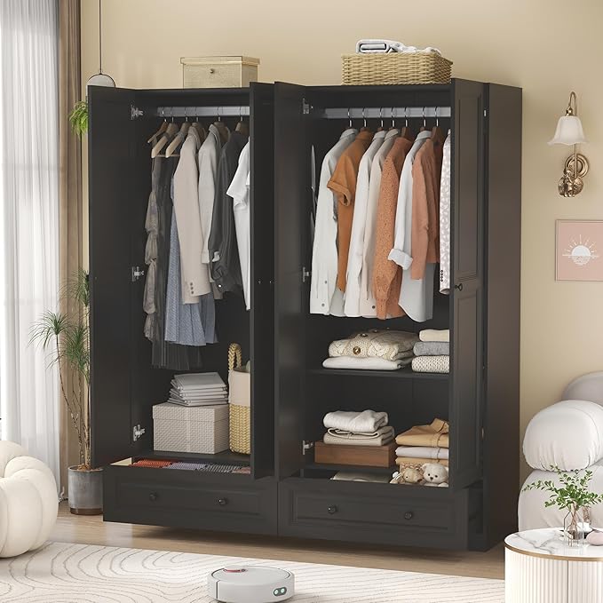 Armoire Wardrobe Closet with Drawers: 74" Black Wardrobe Closet with 4 Doors, Bedroom Armoires with 2 Drawers, Wood Closets Cabinet for Hanging Clothes (Black, 63")