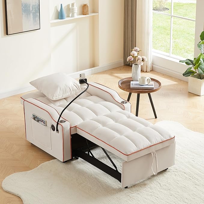 KEIKI 36" Velvet Convertible Pull-Out Sleeper Sofa Chair Bed with Adjsutable Back, 2 Arm Pocket, USB, Modern 1-Seater Couch with Swivel Phone Stand, Easy Assembly, for Living Room, Bedroom, Beige