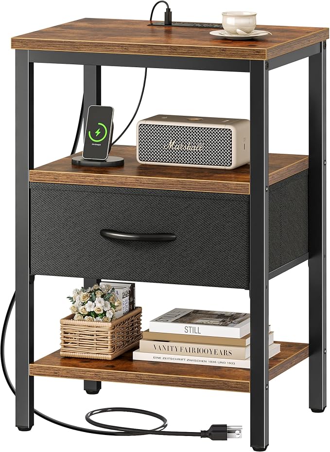 SUPERJARE Nightstand with Charging Station, Bed Side Table with Adjustable Fabric Drawer, Night Stand for Bedroom, 3-Tier Storage End Table, for Living Room, Rustic Brown and Black by SUPERJARE