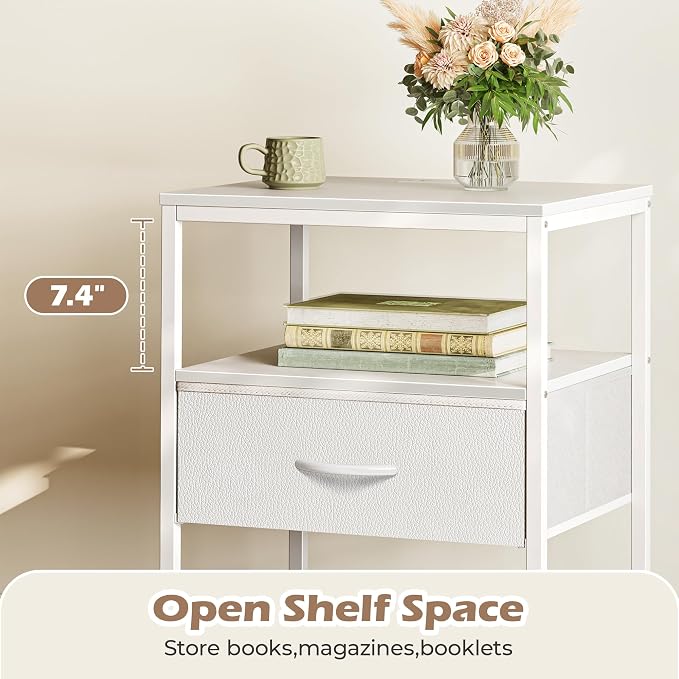 SUPERJARE Nightstand with Charging Station, White Night Stand with Adjustable Drawers, 17.7 Inches Wider Side Table for Bedroom, 3-Tier Storage End Table with Open Shelf, PU Leather Surface - Image 9