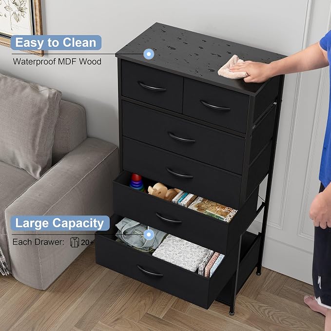 Crestlive Products Vertical Dresser Storage Tower - Sturdy Steel Frame, Wood Top, Easy Pull Fabric Bins, Handles - Organizer Unit for Bedroom, Hallway, Entryway, Closets - 7 Drawers (Black) - Image 4