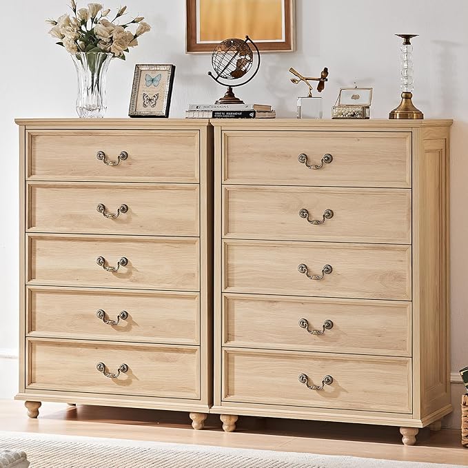 Joaxswe 24" Wide Farmhouse Nightstand with Charging Station Set of 2, 54" 7 Drawers Dresser, 45" Tall Rustic Chests of 5 Drawers, Farmhouse Furniture Series for Bedroom,Wood