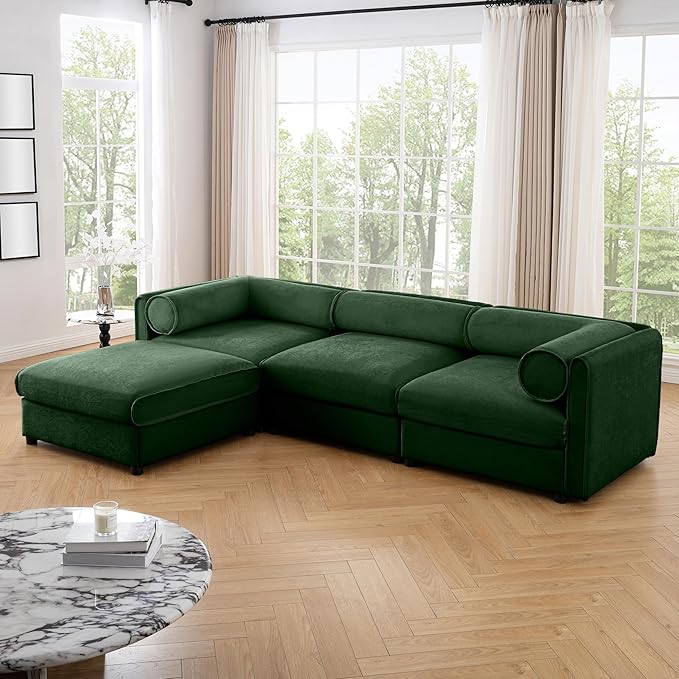 KEIKI 109" L-Shaped Modular Chenille Sectional Sofa with Storage Seat, 1 Ottoman, 3-Seater Couch with Cylindrical Backrest and Armrests, Easy Assembly, for Apartment, Living Room, Green